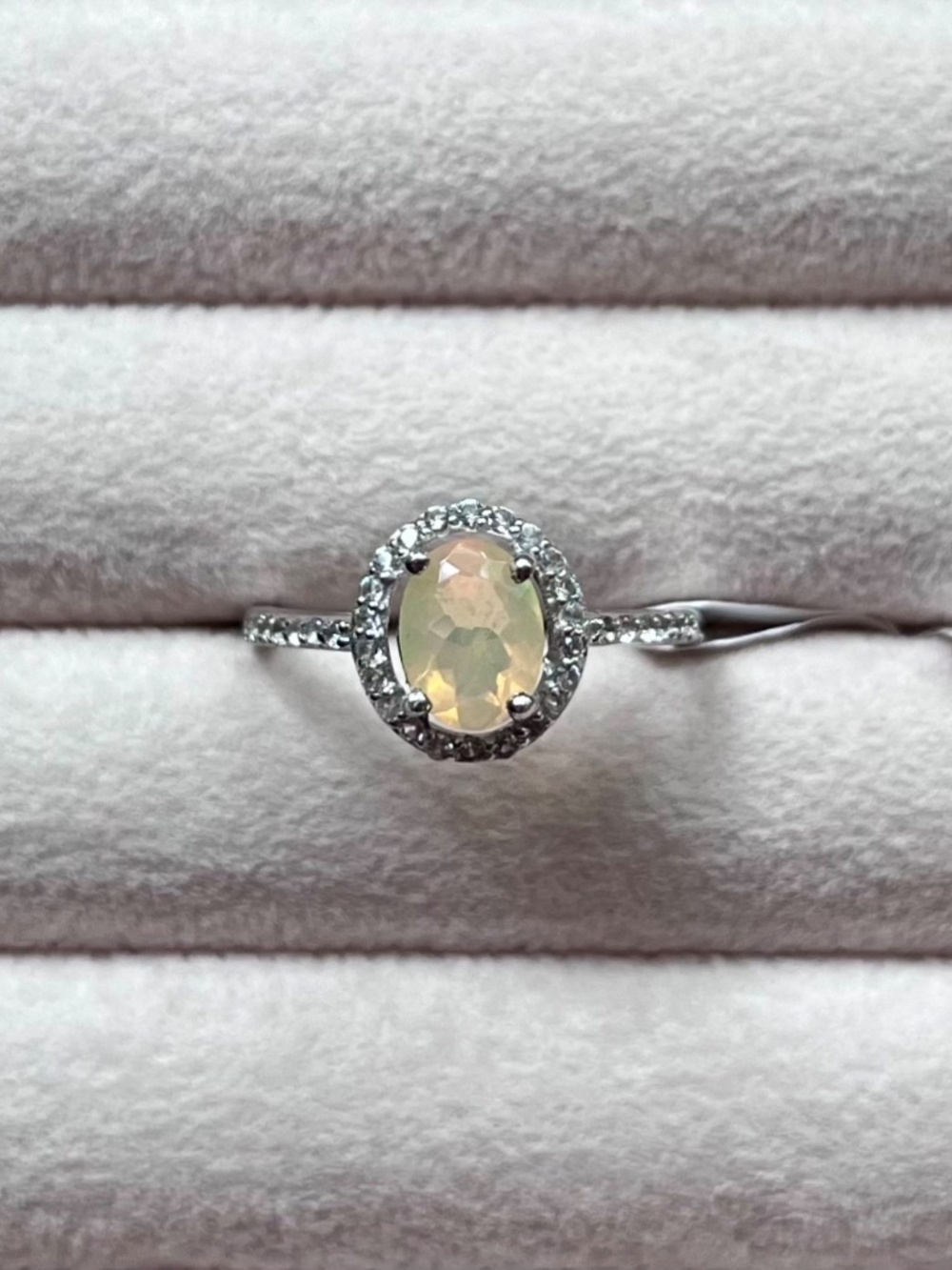 R149 | Genuine Faceted Opal with White Topaz Halo Ring